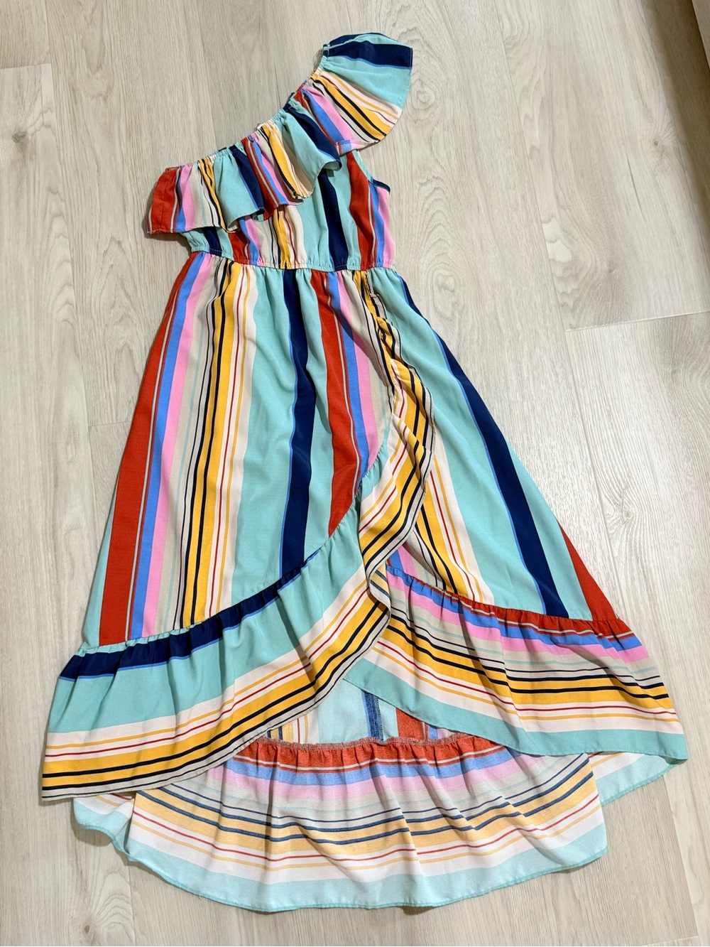 entro Multicolor Stripe One-Shoulder Ruffle Dress